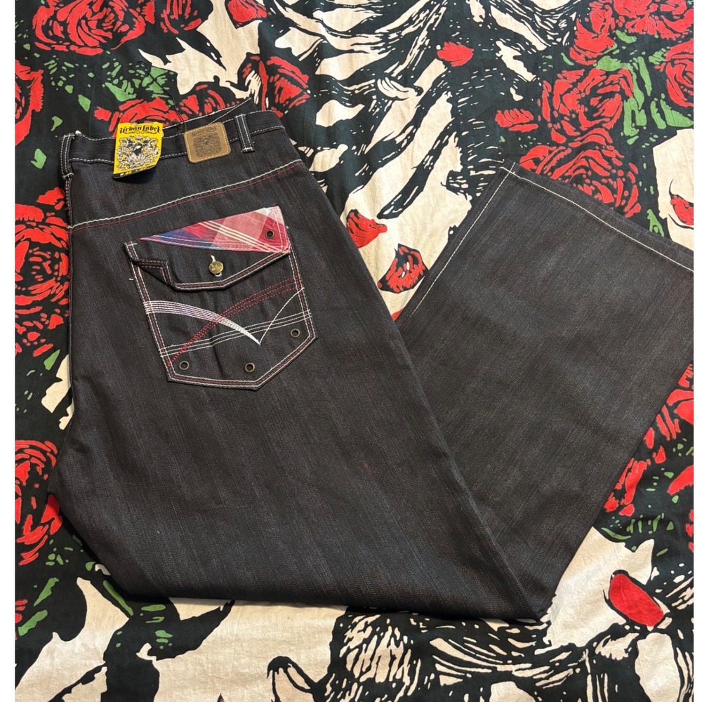 Urban Label Mens Baggy Jeans Dark Wash Plaid Trim Embroidered Pockets 44x32 NWT